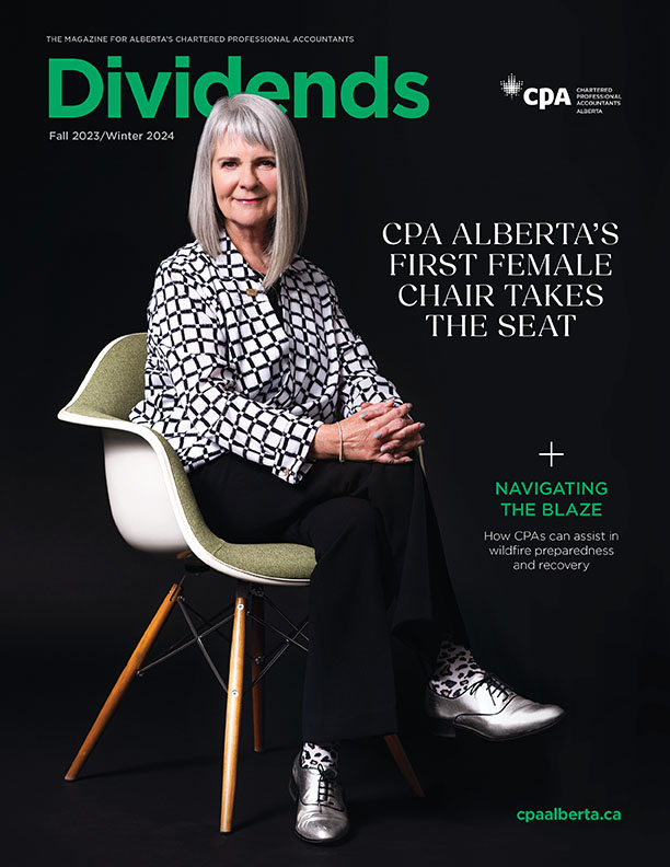 image of the CPA Alberta Chair, Ruth McHugh FCPA, FCMA, on the front cover of the Fall 2023 / Winter 2024 Dividends Magazine